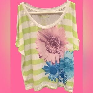 Aeropostale White Tee with Neon Green Stripes and large flowers. NEW!